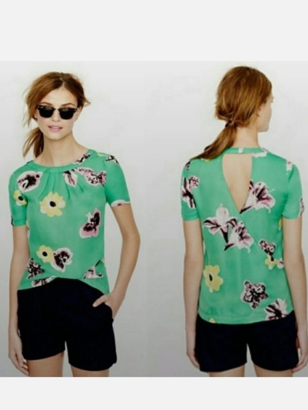 J.Crew Women's Green Punk Floral Open Back Blouse Size Medium